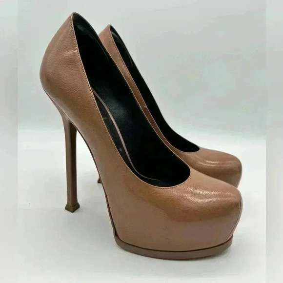 YSL SAINT LAURENT $795 TRIBTOO TRIBUTE LEATHER PUMPS SHOES EU 37.5 ITALY Caramel - Picture 1 of 15